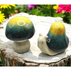 Vintage Pottery Mushroom & Snail Figures Garden Yard Art Glaze Yellow Teal Blue